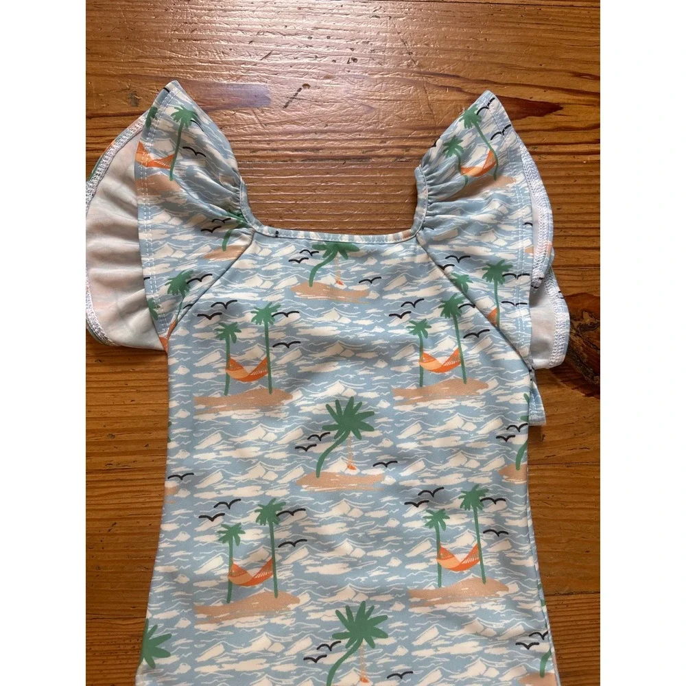 Dear‎ Georgie One Piece Swimsuit Kids Blue Tropical Ruffle Sleeve SIZE 5Y